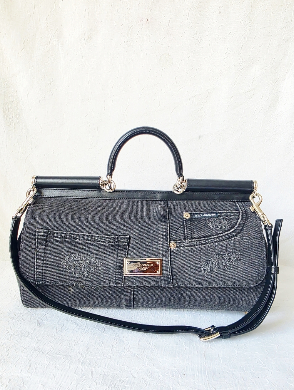 Auth Dolce & Gabbana Sicily Denim Satchel Bag